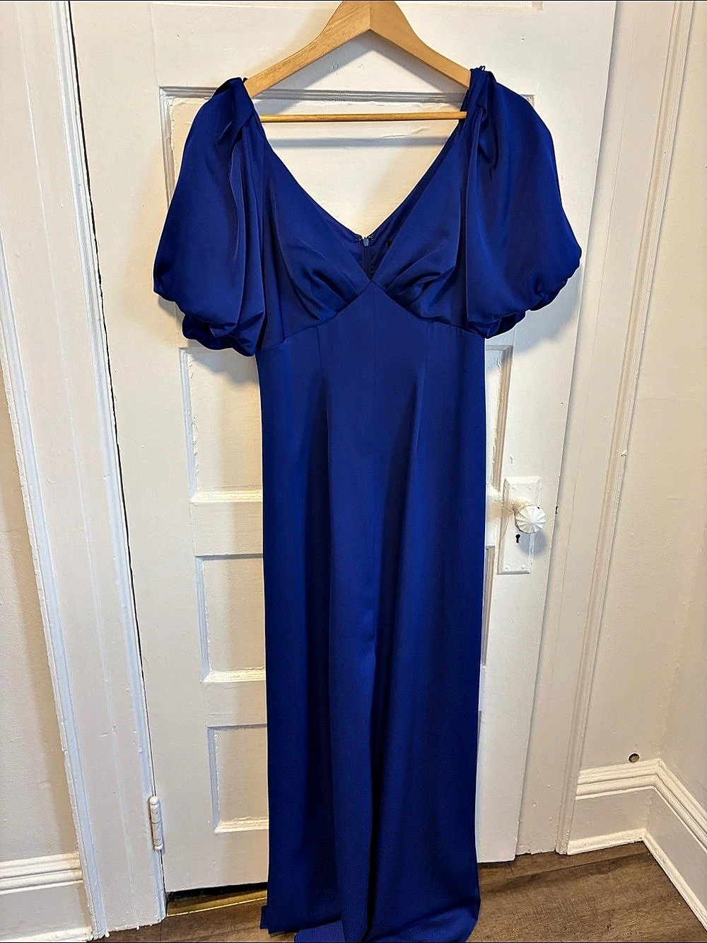 Aidan Mattox Puffed Sleeve Satin Evening Gown Blue Size Medium